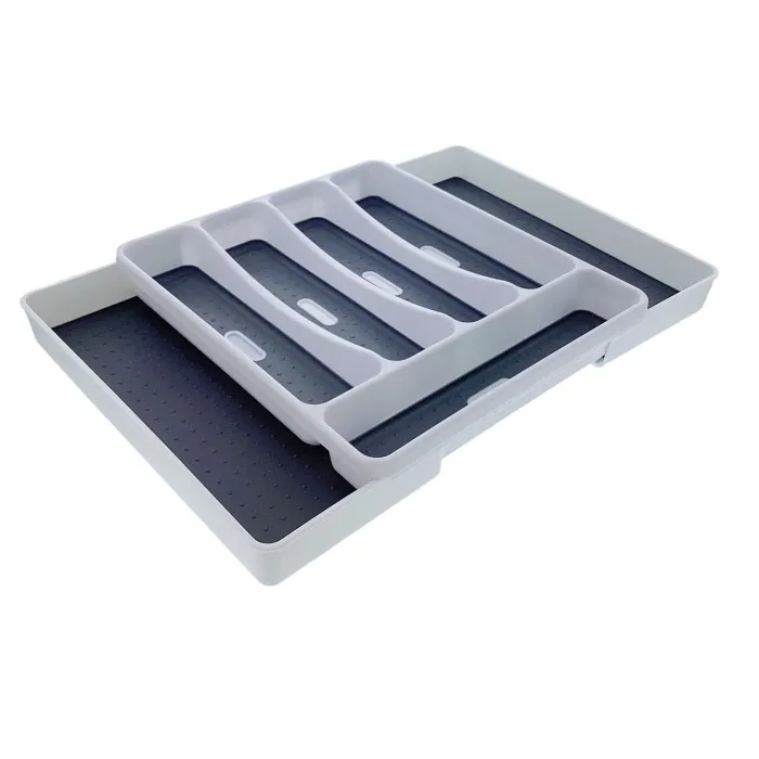 Life Art 7-Section Expandable Cutlery Tray/ Drawer Organizer, White/ Grey